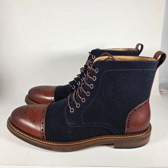 Moretti Lace Up Boots Gold Label, Mens 9.5 D, Dark Blue wool, Brown Cap Toe NWOT - Picture 2 of 8